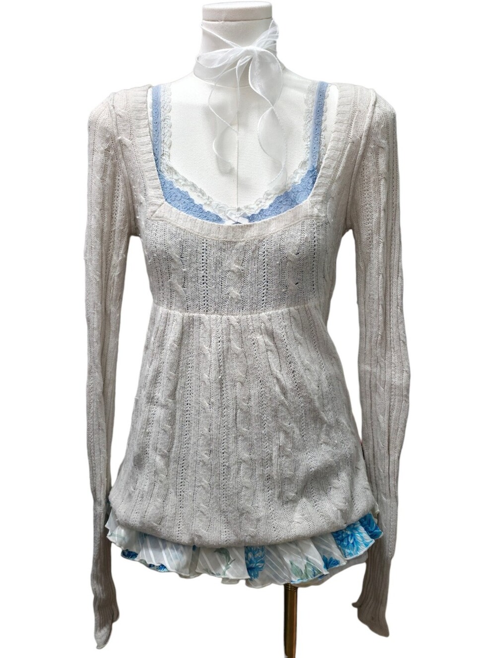 Abercrombie vintage cream cable knit square neck sweater babydoll top